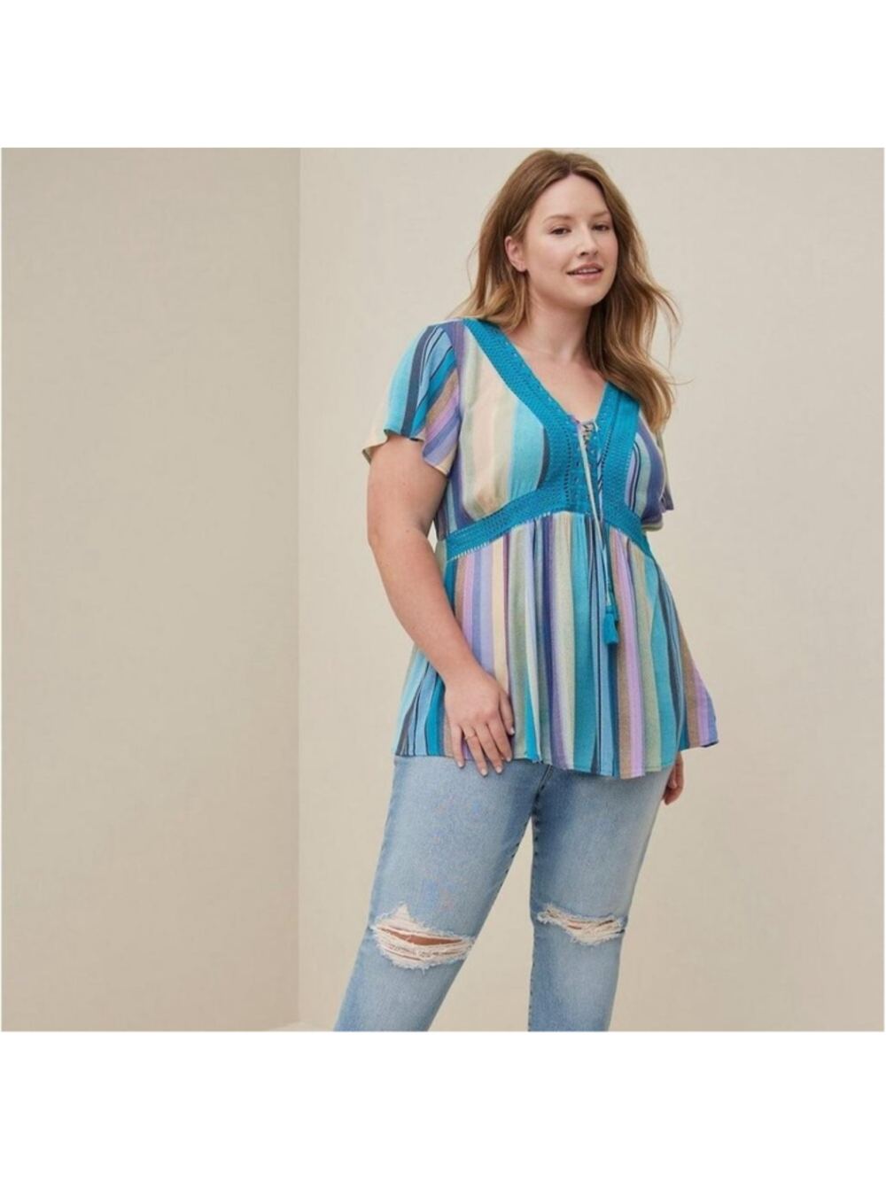 Torrid Top Womens 3X Blue Stripe Crinkle Gauze Laceup Babydoll Crochet Lace Boho